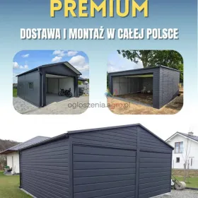 Garaż blaszany w kolorze grafit z bramą uchylną i dodatkami